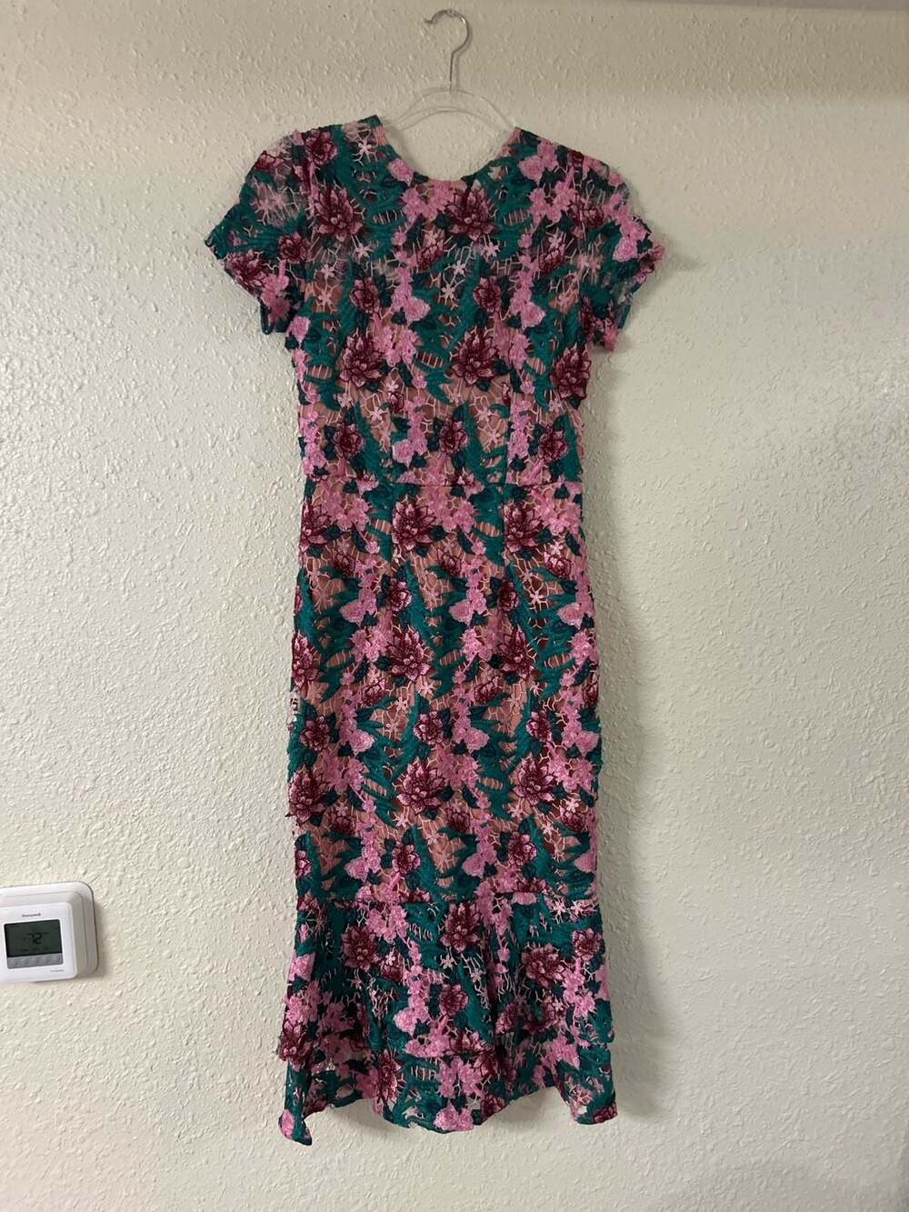 VONE Pink Green Floral Lace Detail Kava Midi Dress